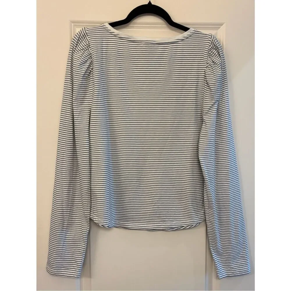 ANTHROPOLOGIE MAEVE Lace Detail Puff-Shoulder Long-Sleeve Knit Top Blue Stripe